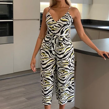 

Summer Women Bandage Sexy Loose Jumpsuit Deep V Strap Zebra Striped Print Plus Size Casual Club Romper Overalls One Piece Outfit