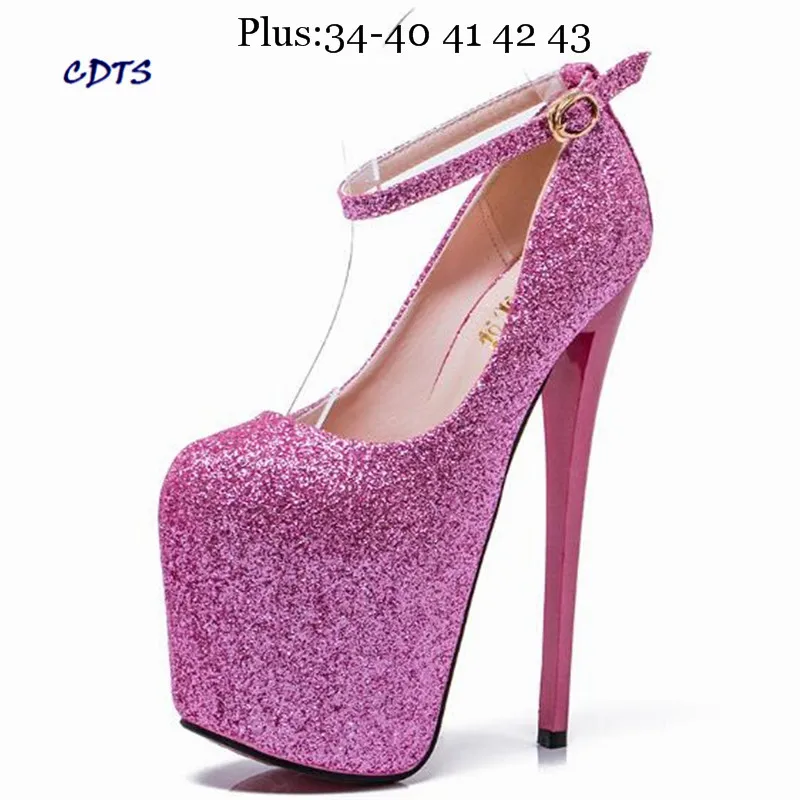 ФОТО CDTS sapato Plus:34-43 Spring brand 19/20 thin high heels platform wedding shoes Glitter sequins sexy lady Buckle Cosplay pumps