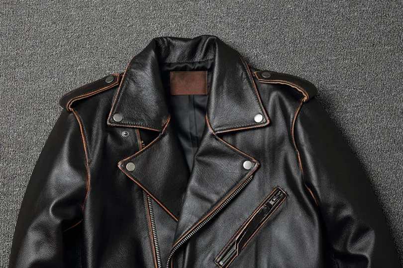 YR!Free shipping.sales.classic motor style genuine leather jacket.slim cowhide coat.fashion vintage slim jacket.plus size