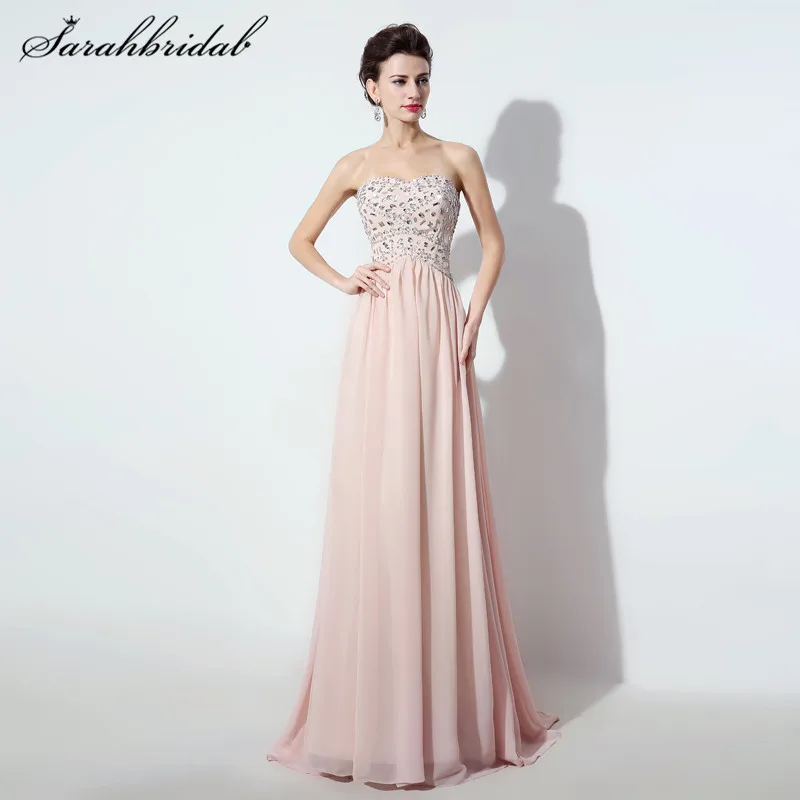 

Elegant Chiffon Long Prom Dresses Beads A-Line Sweetheart Floor-Length Bridesmaid Party Gown In Stock Sleeveless Back Lace SD252