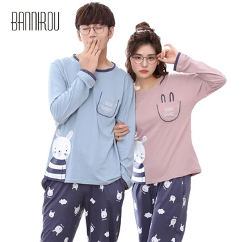 

Rabbit Animals Man Woman Matching Pyjama Set Cotton Full Blue Pink His-and-her Home Wear For Lovers Spring Autumn Couple Pajamas