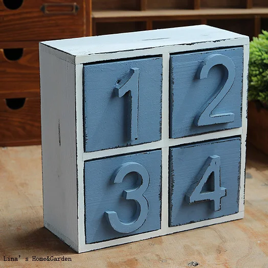 

White and Blue Tabletop Chest 4 Drawers Wood Shabby Chic Mini Cabinet