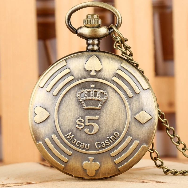 Retro Macau Casino Chip Money Poker Design Quartz Pocket Watch Copper Nostalgia Fob Necklace Watch Souvenir Gifts for Men Women  2019 (5)