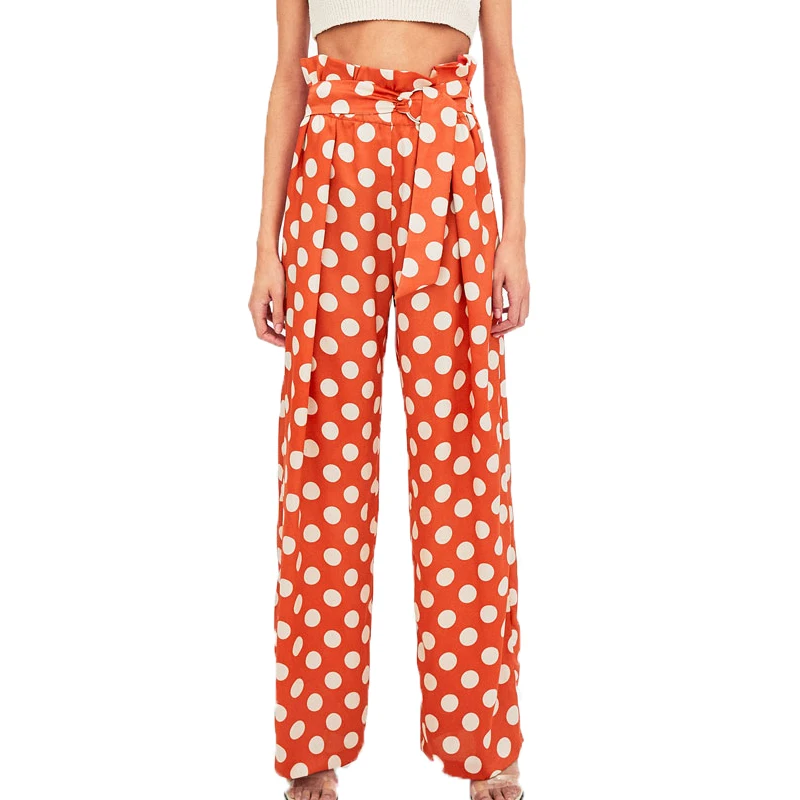 

Summer 2019 casual red pants women wide leg pants dot womens clothing high waist pants lace-up trousers women