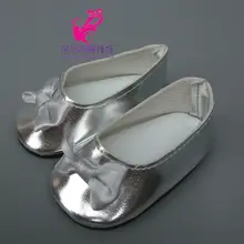 Zapatos de muñeca para niña de 18 pulgadas, calzado de muñeca de 7cm de Color plateado con lazo, apto para muñeca de 18 pulgadas, zapatos para muñecas de 45cm