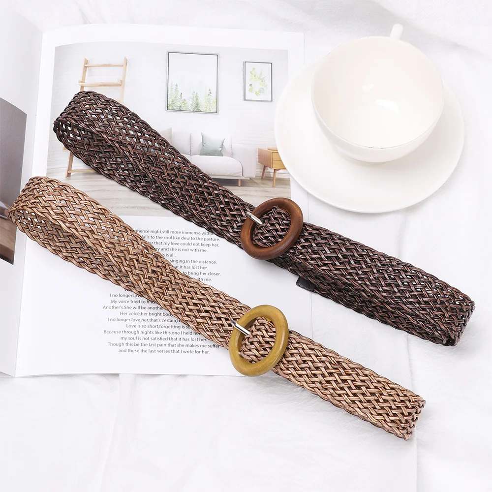 

1PC Summer Fashion Women Braided Straw Belts Round Wooden Buckle Wide Waist Strap Ladies Casual Dress Belt PP Straw Belt