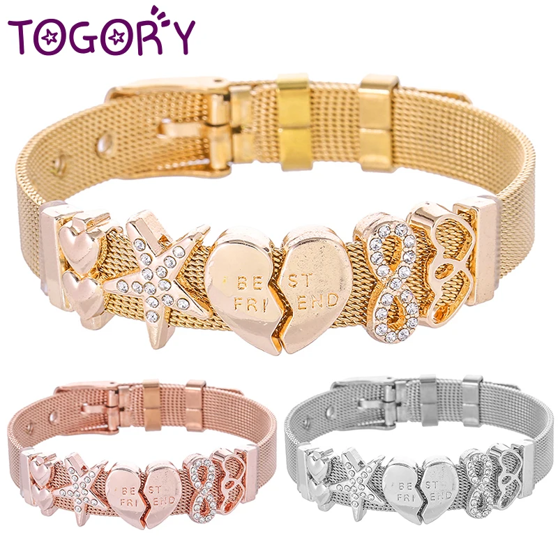 

TOGORY High Quality Stainless Steel Mesh Bracelets With BEST FRIEND Crystal Charm Fine Bracelets Bangles As Friend Women Gift