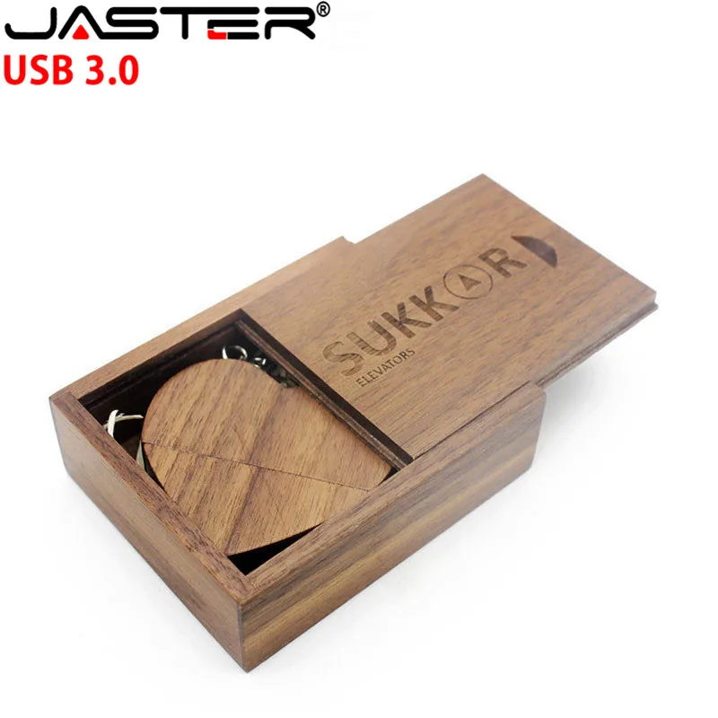 

JASTER USB 3.0 Custom Logo Wooden Heart with box Memory Stick Pen Drive 4gb 8gb 16gb 32gb 64gb photography Wedding Gift