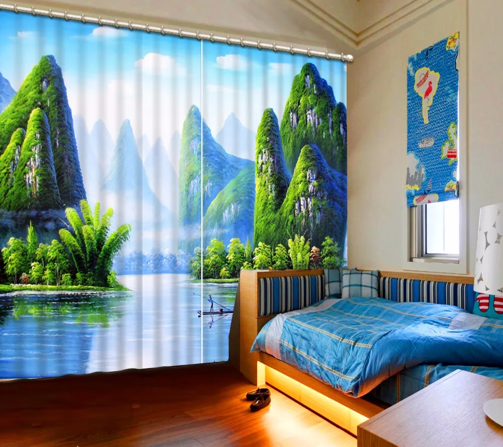 

Custom Any Size 3D Curtain Window For Living Room Green Blue Oil Painting Landscape Curtain For Bathroom 3D Curtain Blackout