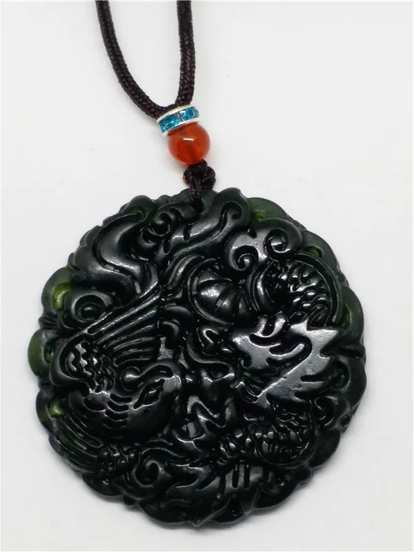 

Natural Chinese Black Green Jadeite Jade Dragon Pendant Necklace Jewelry Gift Gemstone