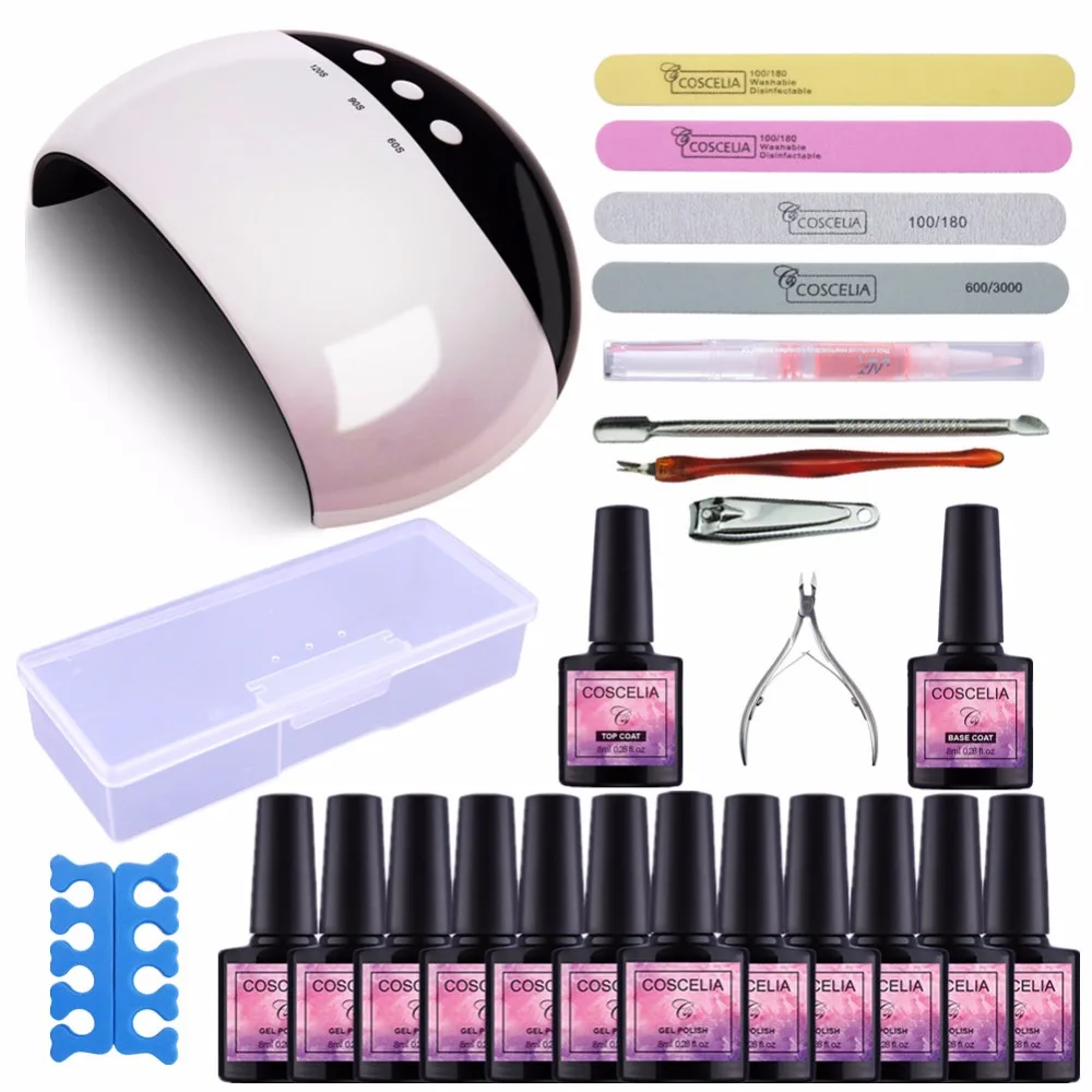 Pаспродажа Ногтей гель выдерживает Гель лак Топ  amp; базовый гель для маникюра Комплект 24 Вт USB лампа 12 видов цветов книги по искусству инструменты Наборы ...