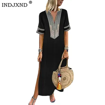 

INDJXND Women V-neck Dresses Summer Long Sleeve Cotton Dress Casual Short Sleeve Side Split Print Long Beach Dress Plus Size 5XL