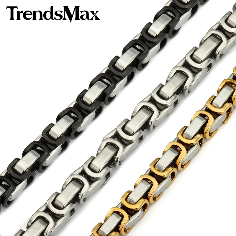 Trendsmax Silver Gold Byzantine Box Stainless Steel Necklace Mens Boys Chain Necklace Wholesale Jewelry 8mm Wide