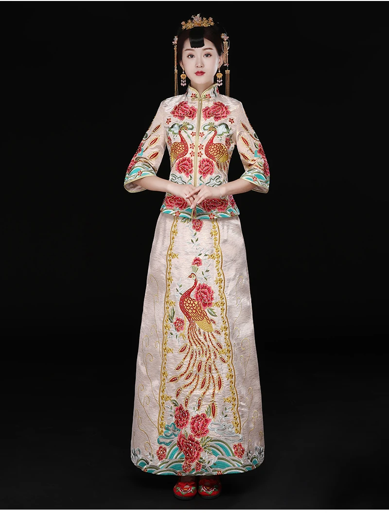 Высокое качество ручного ткачества Розовый Бежевый Cheongsam торжественное платье для зарубежных китайцев Для женщин пикантные длинные Ци Пао