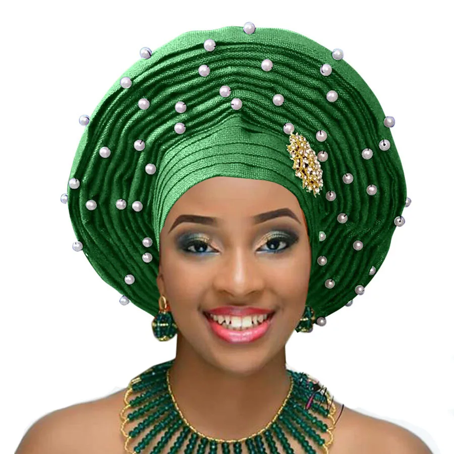 green Aso oke gele nigerian woman headtie with white beads african woman auto gele for wedding headwear 2018