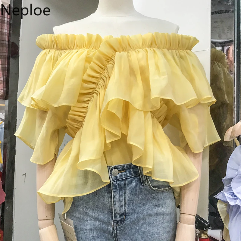 

Neploe Chiffon Pleated Women Blouse Summer 2019 New Slash Neck Short Sleeve Blusa Sweet Ruffles Fungus Ladies Shirts 44128