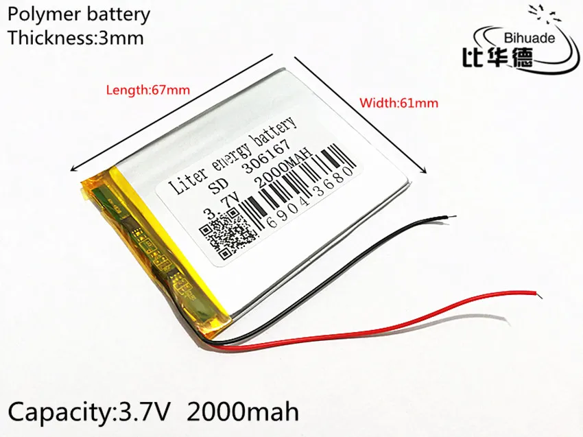 3,7 V, 2000 mAH, 306167 полимерный литий-ионный/литий-ионная аккумуляторная батарея для gps, mp3, mp4, mp5, dvd, bluetooth, мобильный телефон, динамик