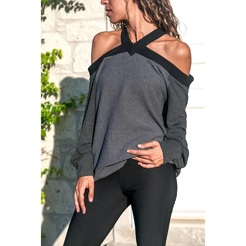 أنيقة طويلة الأكمام الرسن بلوزة بلوزات غير مغطية للكتف أعلى عارضة فضفاض الأساسية قميص الشارع الشهير Blusas موهير دي مودا 2018 SJ1464M