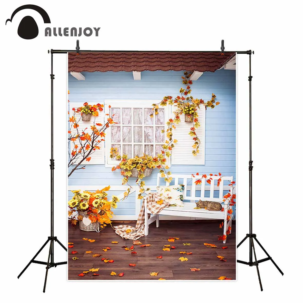 

Allenjoy vinyl photo backdrops Autumn leaves life style window bench cats background photobooth new arrivals original design