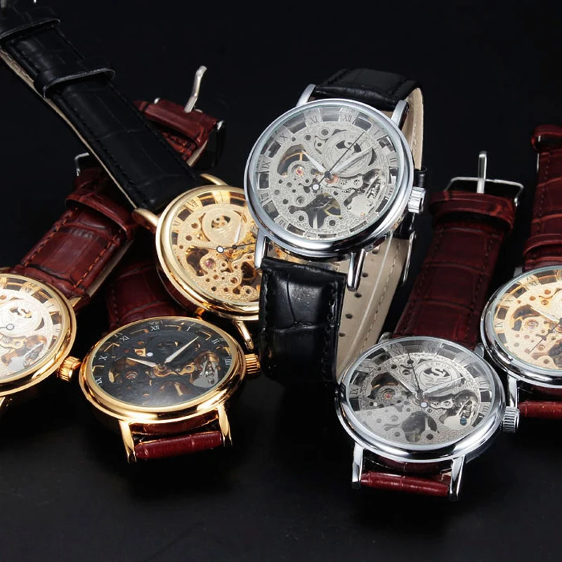 Skeleton Men Male Military Army Clock Classic Luxury Gold Mechanical Hand Wind Wrist Watch Gift
