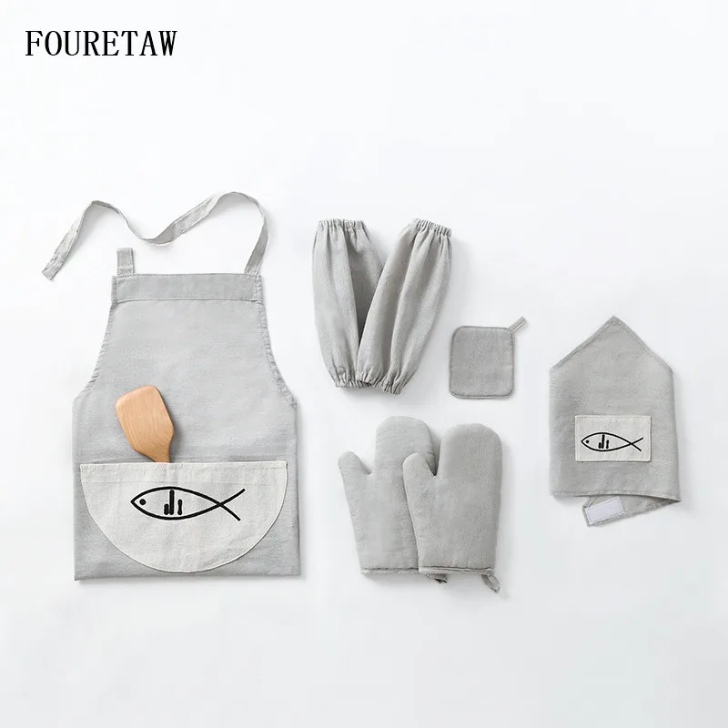 

Printed Cute Fish Pattern Cooking Dining Room Kitchen BBQ Restaurant Cleaning Pocket Housework Oven Mitts Oversleeve Apron Kit