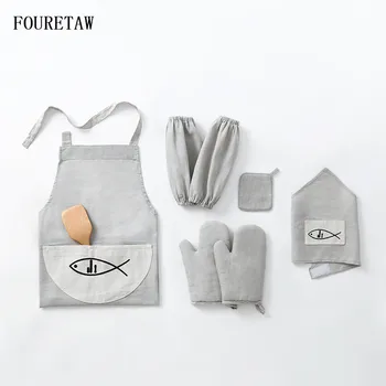 

Printed Cute Fish Pattern Cooking Dining Room Kitchen BBQ Restaurant Cleaning Pocket Housework Oven Mitts Oversleeve Apron Kit