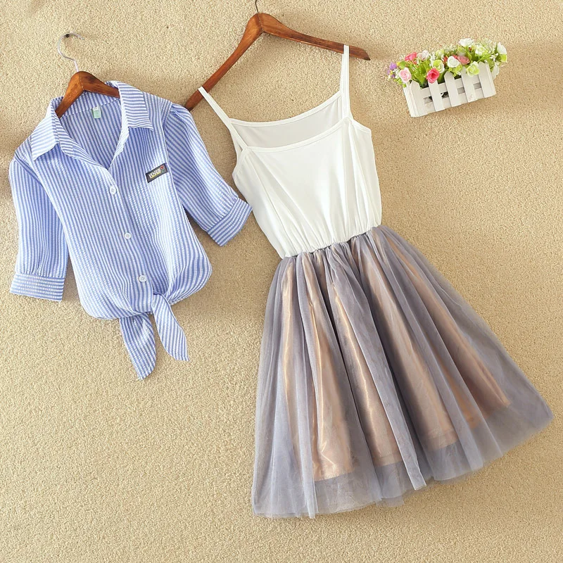 Shirt And Sling Tutu Dress Suit Women 2018 Summer Cute 2 Piece Dress Blue Pink Shirt And White Veil Dresses Plus Size 3XL 4XL