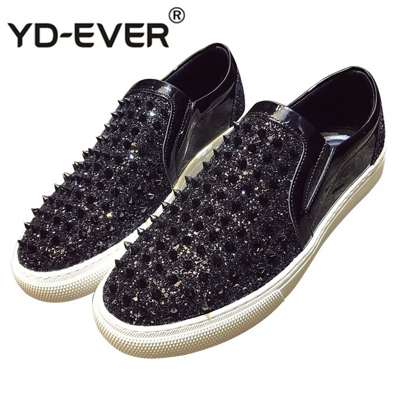

British Style Sneakers Flats Sequin Hip Hop Spike Silver Black Glitter Shoes Men Red Stud Rivet Fashion Skate Club Dandelion
