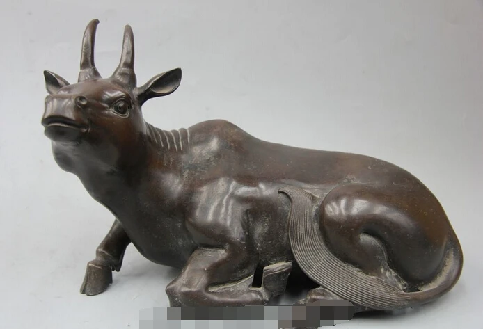 

free 12" China Chinese Fengshui Bronze Fu Foo Rich Money Zodiac Year Bull Oxen Statue fast
