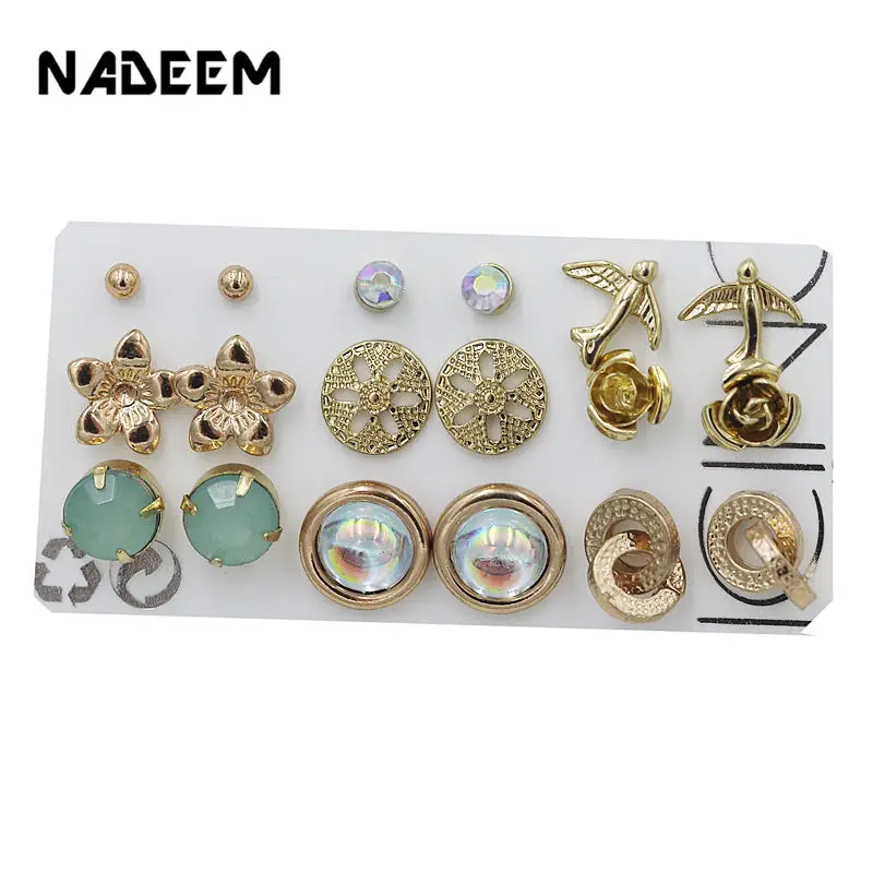 

9 Pairs/Sets Geometric Round Resin Stud Earrings Set For Women Brinco Female Flowers,Bird Stud Earrings Sets Statement Jewelry