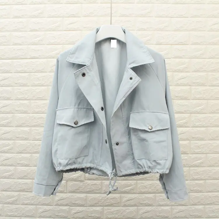 2019 ربيع الخريف جديد المرأة سترة فضفاضة جيب عارضة اقتصاص قمم الصلبة سترة معطف الأزياء الإناث قميص الفتيات