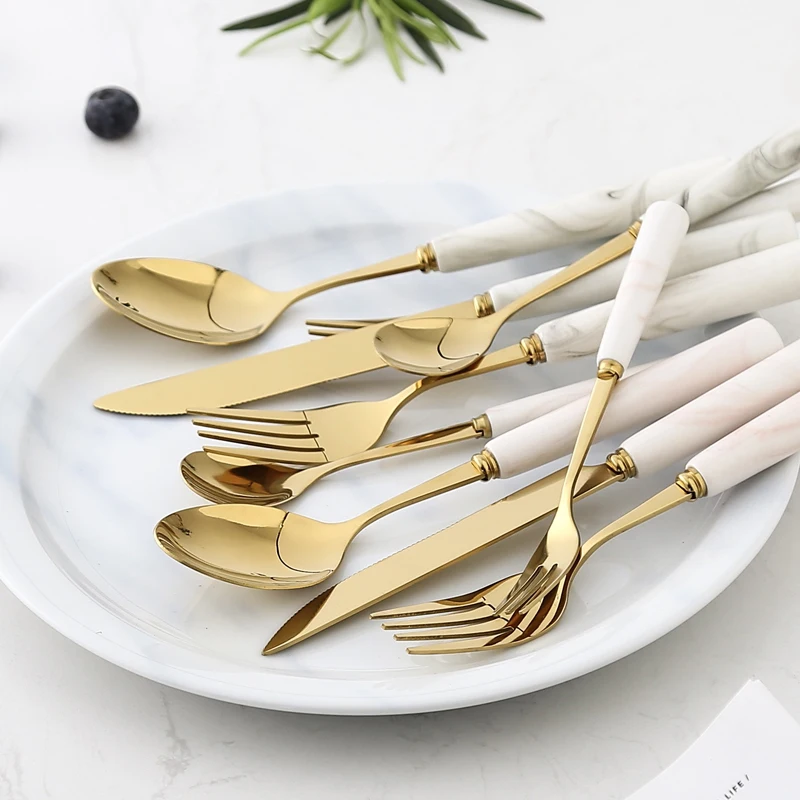 

Marble Ceramic Dinner Set Cutlery Knives Forks Spoons Kitchen Dinnerware Stainless Steel Home Party Tableware Set Dropshipping