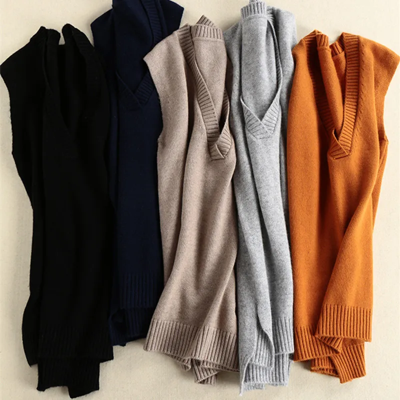 

Long Brief V-Neck Sleeveless Knitted Vest For Women Warm Cashmere Sweater Female Plus Size Loose Waistcoat Autumn Feminine Coat