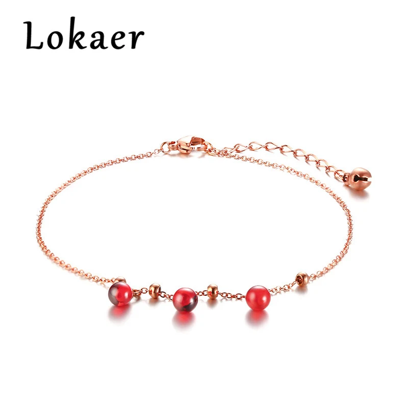 

Lokaer 11.11 Hot Sells Women's Jewelry Titanium Steel Red Garnet Bell Anklet Rose Gold Color Wholesale