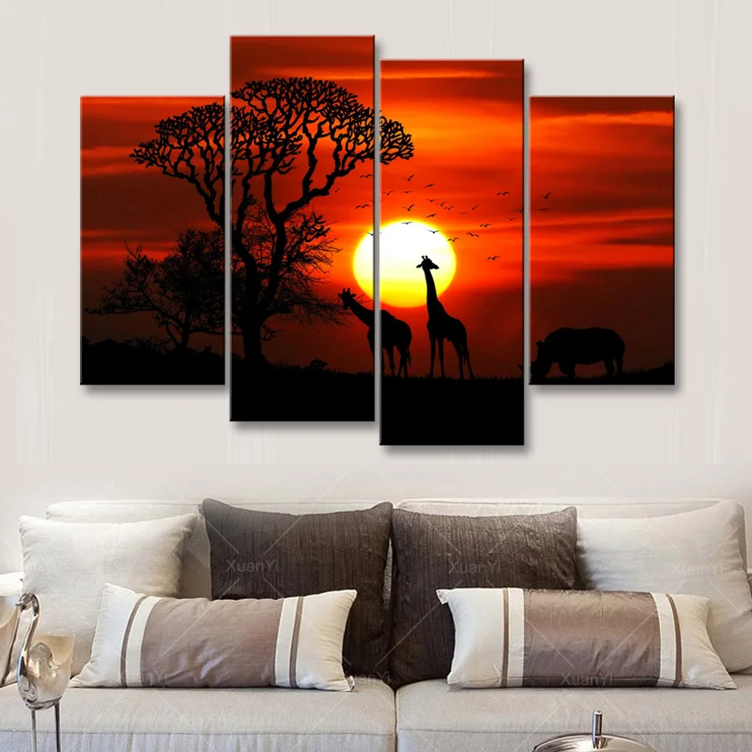 4 pieces high-definition print African landscape canvas oil painting poster and wall art living room picture FZ4-004 (4)