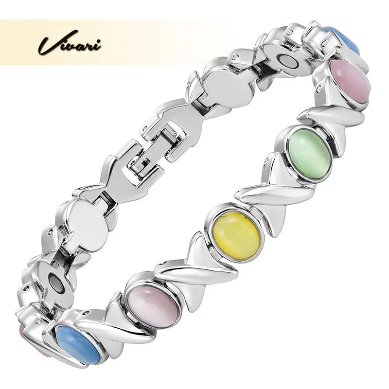 Vivari Classic Women'S 5-Colors Cat Eye Stones Bracciale Magnetico Color Argento Gioielli Da Donna Braccialetto Con Ciondoli Colorati