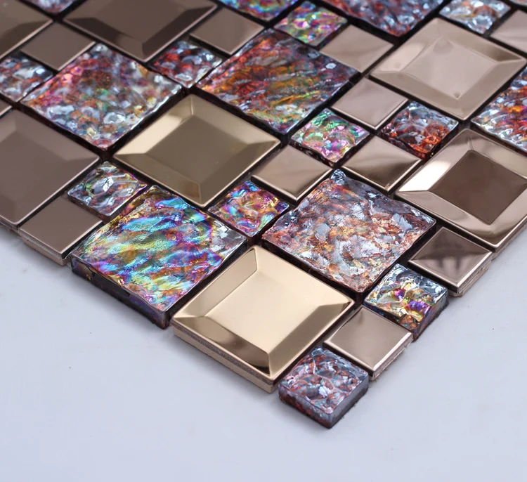 Azulejos de acero inoxidable mezclados de vidrio brillante colorido en mosaico, respaldo de malla cuadrado cocina, azulejos de de baño contra salpicaduras - AliExpress