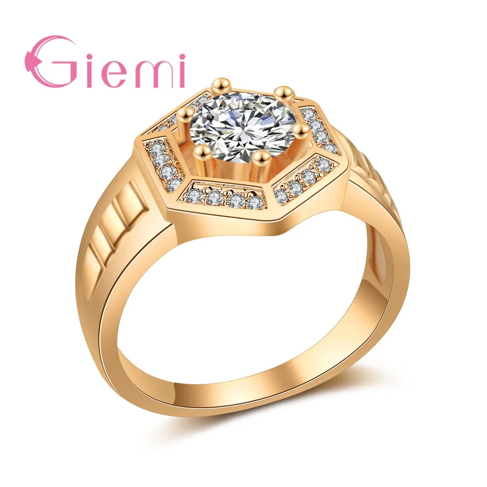 

GIEMI Hip Hop Mini Pave Rhinestones Crystal Bling Regular Hexagon Rose Gold Ring Women Men Punk Cool Jewelry Anel Retail