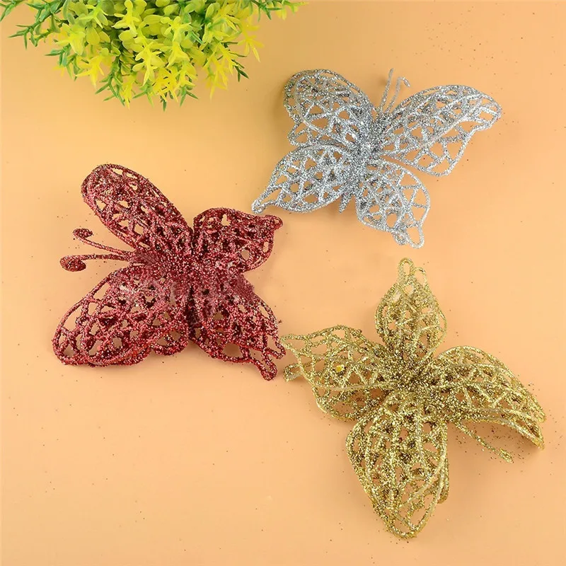 

10pc Christmas Decorations Colorful Artificial Glitter Flowers Butterfly New Year Party Merry Christmas Tree Ornaments 6Z