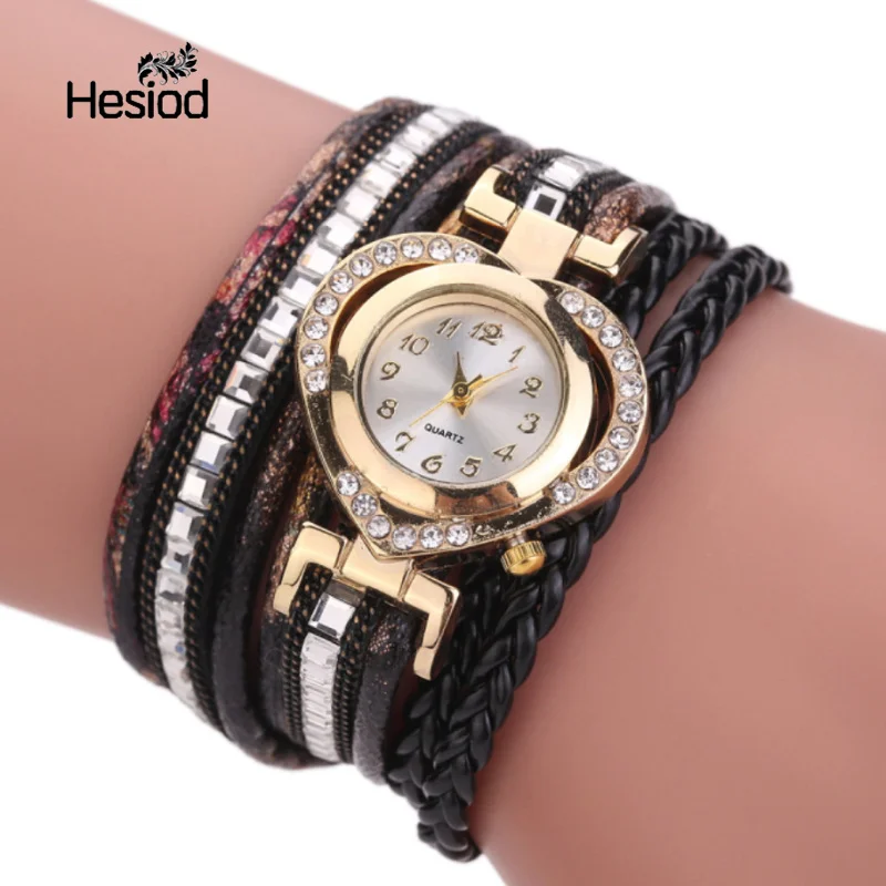 

Hesiod Multicolor Fashion Design Heart Dial Crystal Weave Leather Band Bracelet Watch for Women