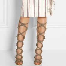 Light Khaki Nylon Cross Strap Women Sandal Long Boots High Heels Back Zipper Open Toe Stilettos Ladies Summer Style Sandal Boots