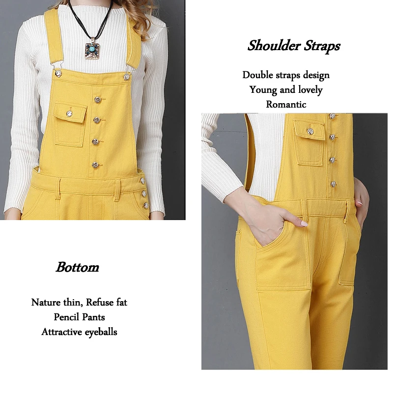 Casual Candy Yellow Denim Jumpsuits jeans Plus Size autumn overalls jeans For Women High Waist Denim Pants long Strap Rompers