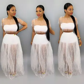 

Summer Beach 2 Piece Sets Beading Crop Tops and See Through Mesh Skirts Suit 2 Piece Outfits Two Piece Clubwear 2019 New