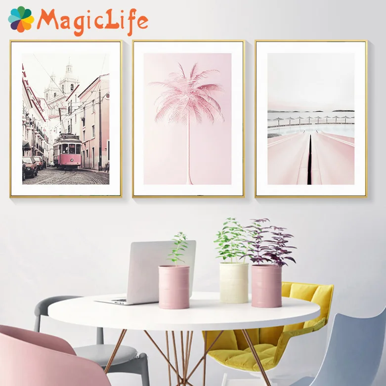 

Pink Bus Decor Wall Art Canvas Painting Pop Art Print Nordic Minimalist Poster Wall Pictures Decorative Picture Unframed