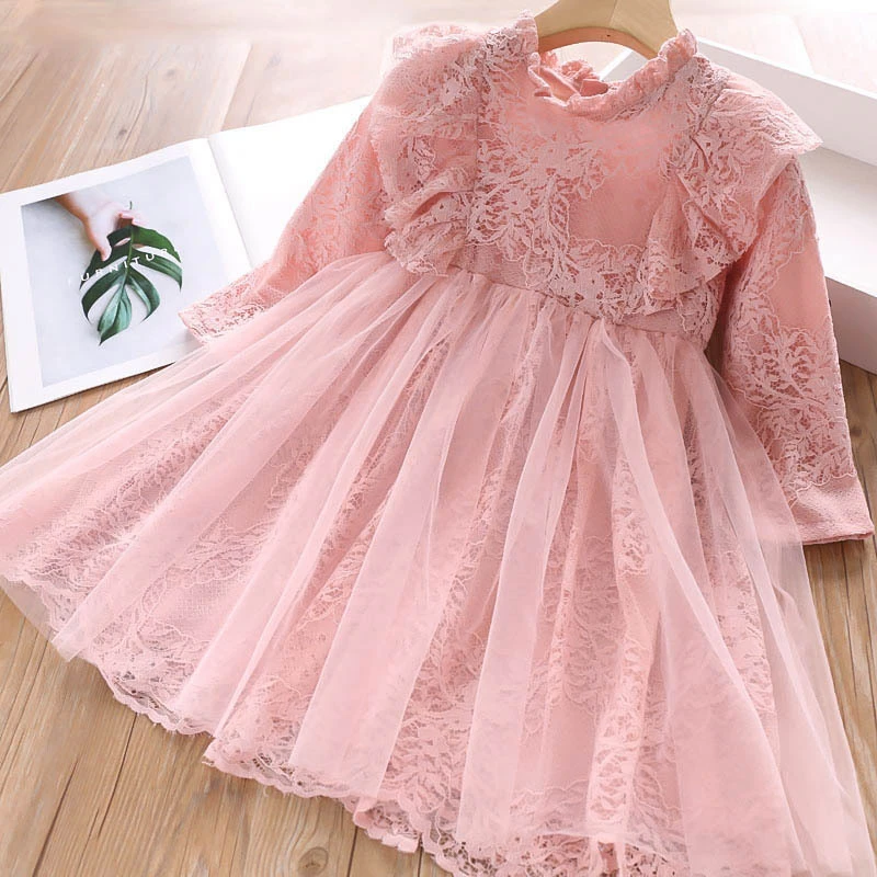 

girl lace dress princess ruffles long sleeve tulle dresses pink kids clothes korean baby frock cute lolita children clothes