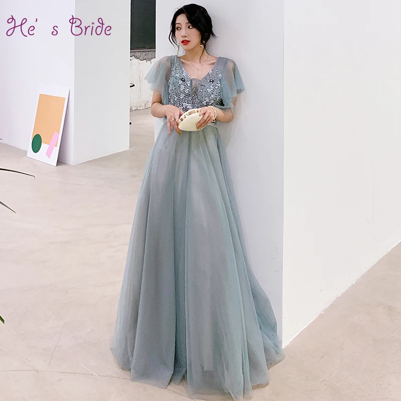 He's Bride New Fairy Prom Dress Sexy V-neck Short Sleeves Appliques Lace Up Floor-length Formal Grown Robe De Soiree | Свадьбы и