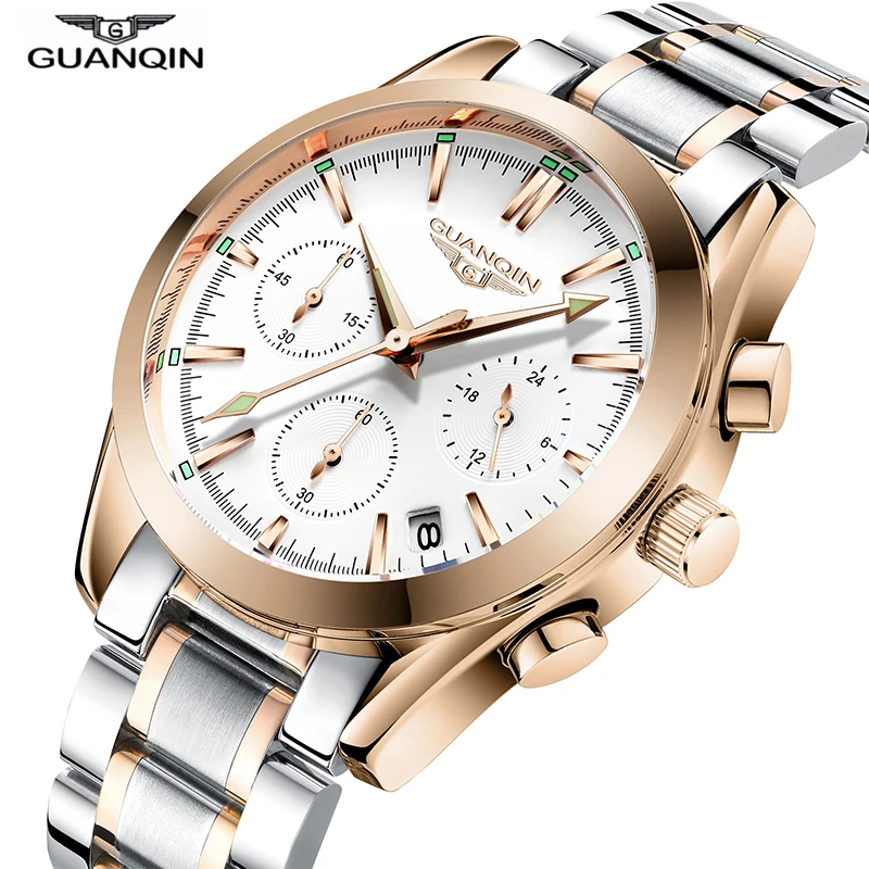 

2018 New Top Brand GuanQin Business Watch Men Quartz Watch Steel Auto Date Chronograph Male Clock Luminous Watches Men Luxury