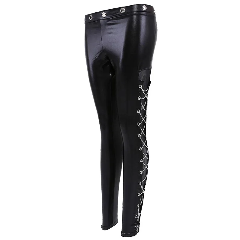HU&GH 2017 New Women Club Sexy Leggings Chains On The Sides Patchwork Mesh Wetlook Faux Leather Rings Rock Punk Steampunk Pants (5)