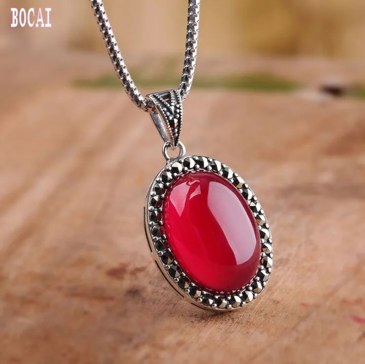 

New S925 sterling silver jewelry red fused alumina pendant Thai silver handmade woman's pendant