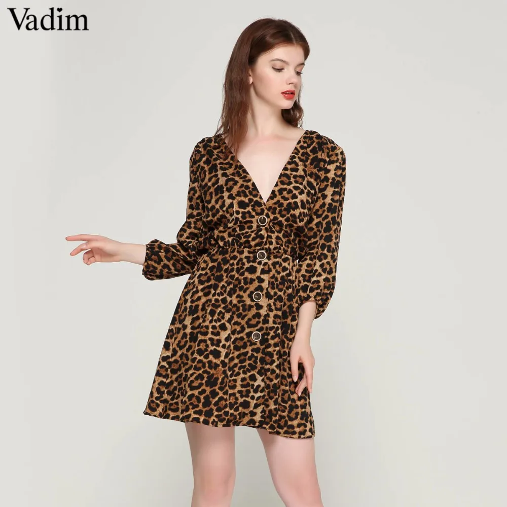 

Vadim women chic V neck Leopard pattern dresses elastic waist three quarter sleeve pleated buttons casual mini vestidos QA423